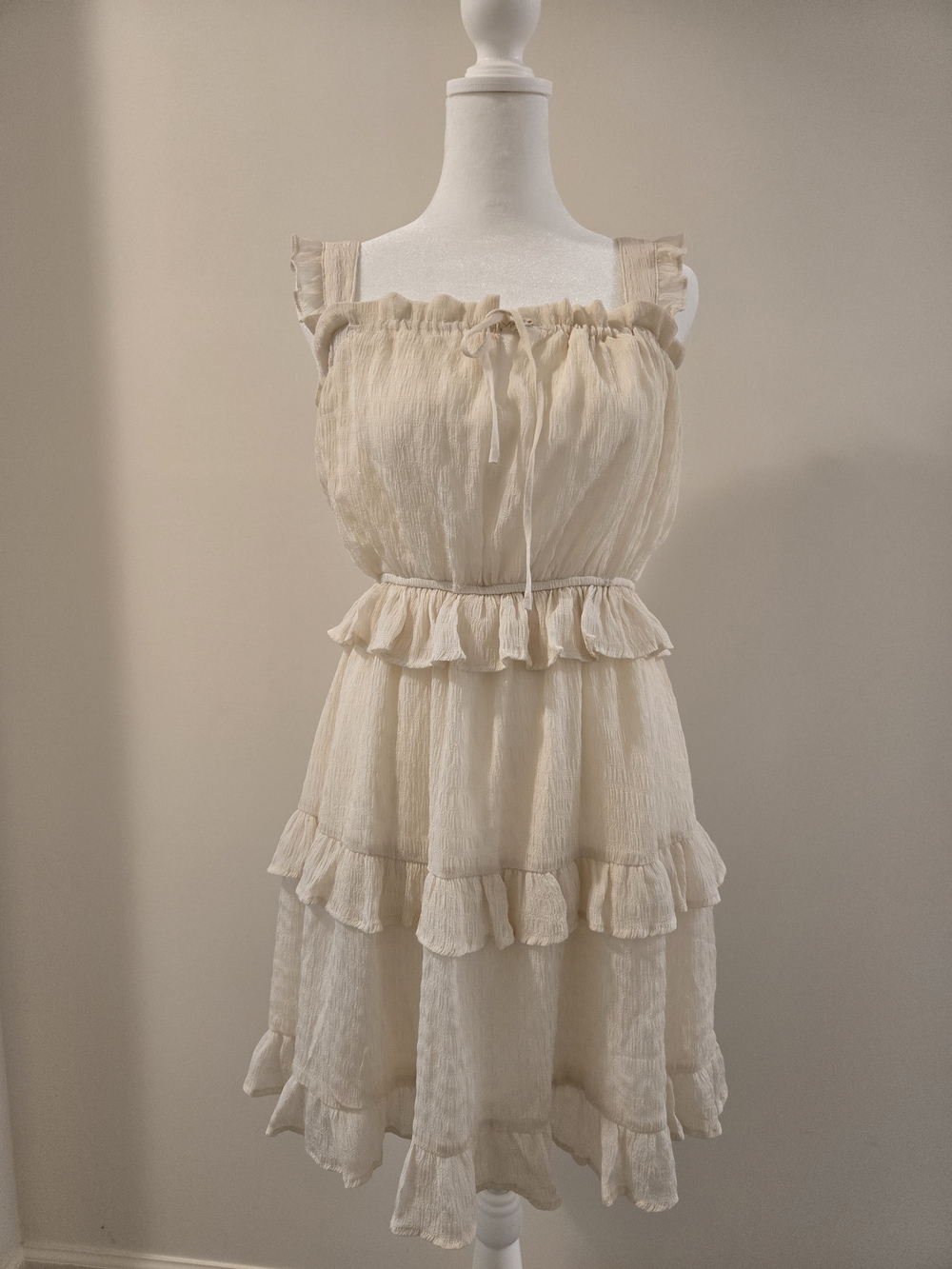 vestique Cream Ruffled Tiered Mini Dress